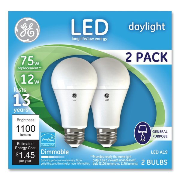 Ge 75W LED Bulbs, 12 W, A19 Bulb, Daylight, PK2 93127670